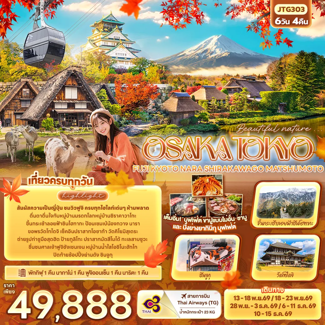 ทัวร์ญี่ปุ่น OSAKA TOKYO FUJI KYOTO NARA SHIRAKAWAGO MATSHUMOTO 6วัน 4คืน (TG)